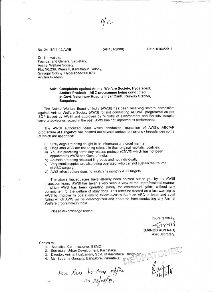 AWBI notice to AWS Hyderabad in June 2011