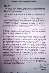 Page 1 of 2: The Deputy Commissioner, Ludhiana's order dt 10th February, 2012 vide which he decided the Representation of the Kila Raipur Rural Olympics organizers, and said there will be no races.