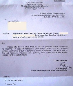 The MoEF reply to RTI, affirming that 'bulls' is a generic term, and includes, bullocks, oxen, etc. This was in reply to Amruta Ubale's RTI