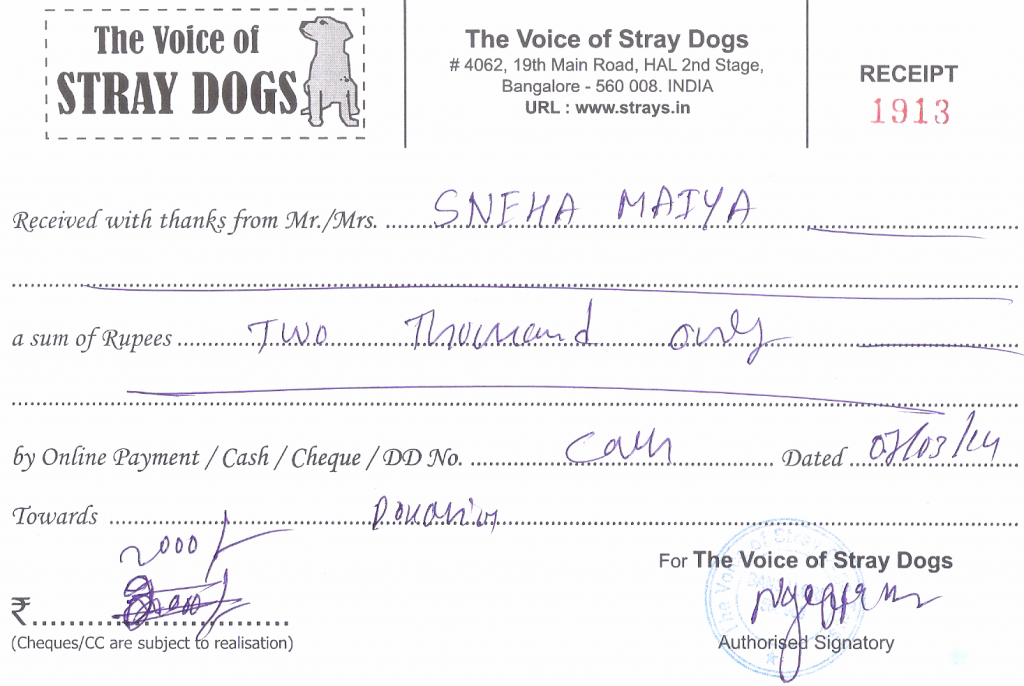 Receipt for the donation of Rs 2000 received from Sneha Maiya dispatched to her within 24 hrs as per VoSD procedure